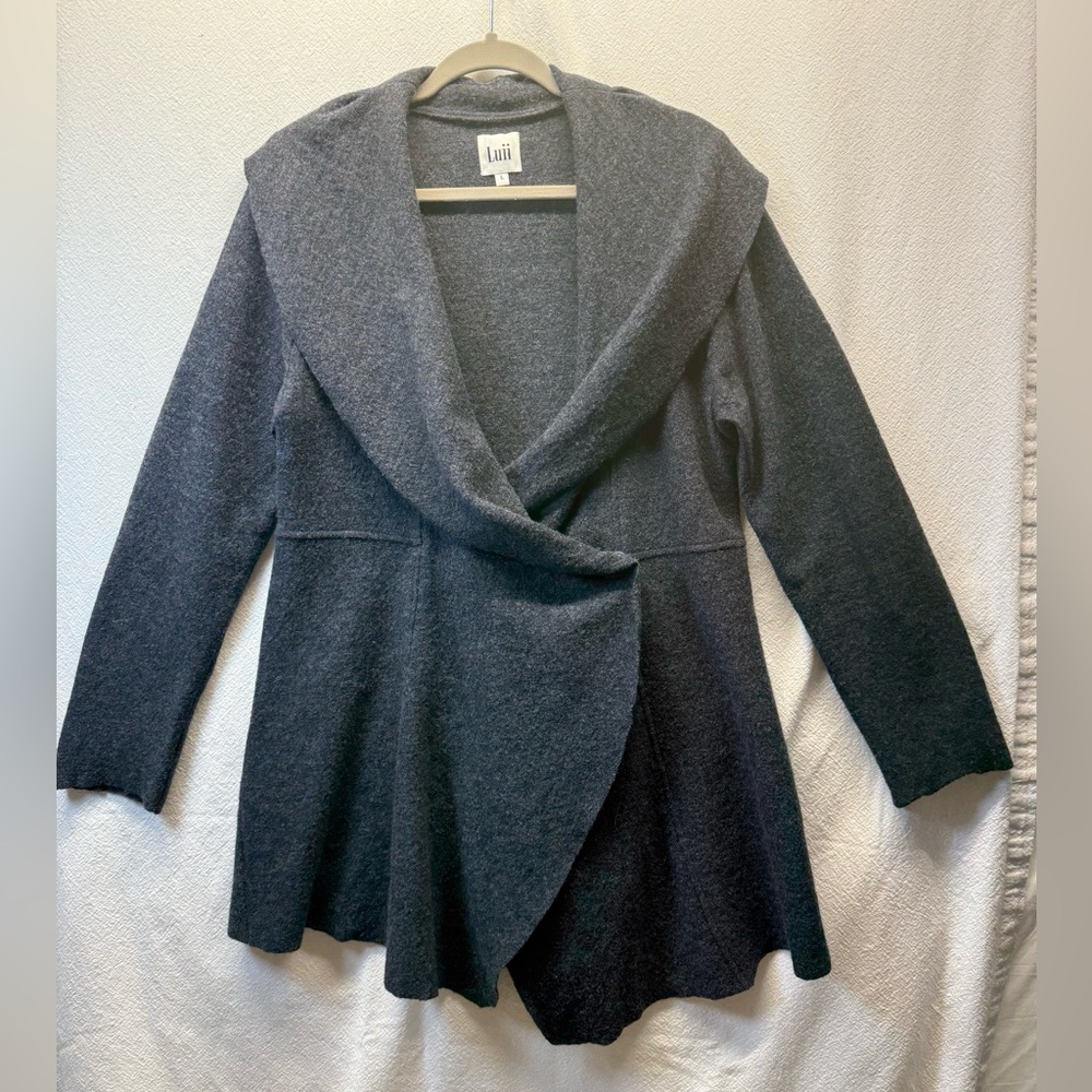 Witchy Vibe Luii Cozy 💯% Wool Wrap Cardi Forest Fairy Grey Shawl Collar Asym Hem
